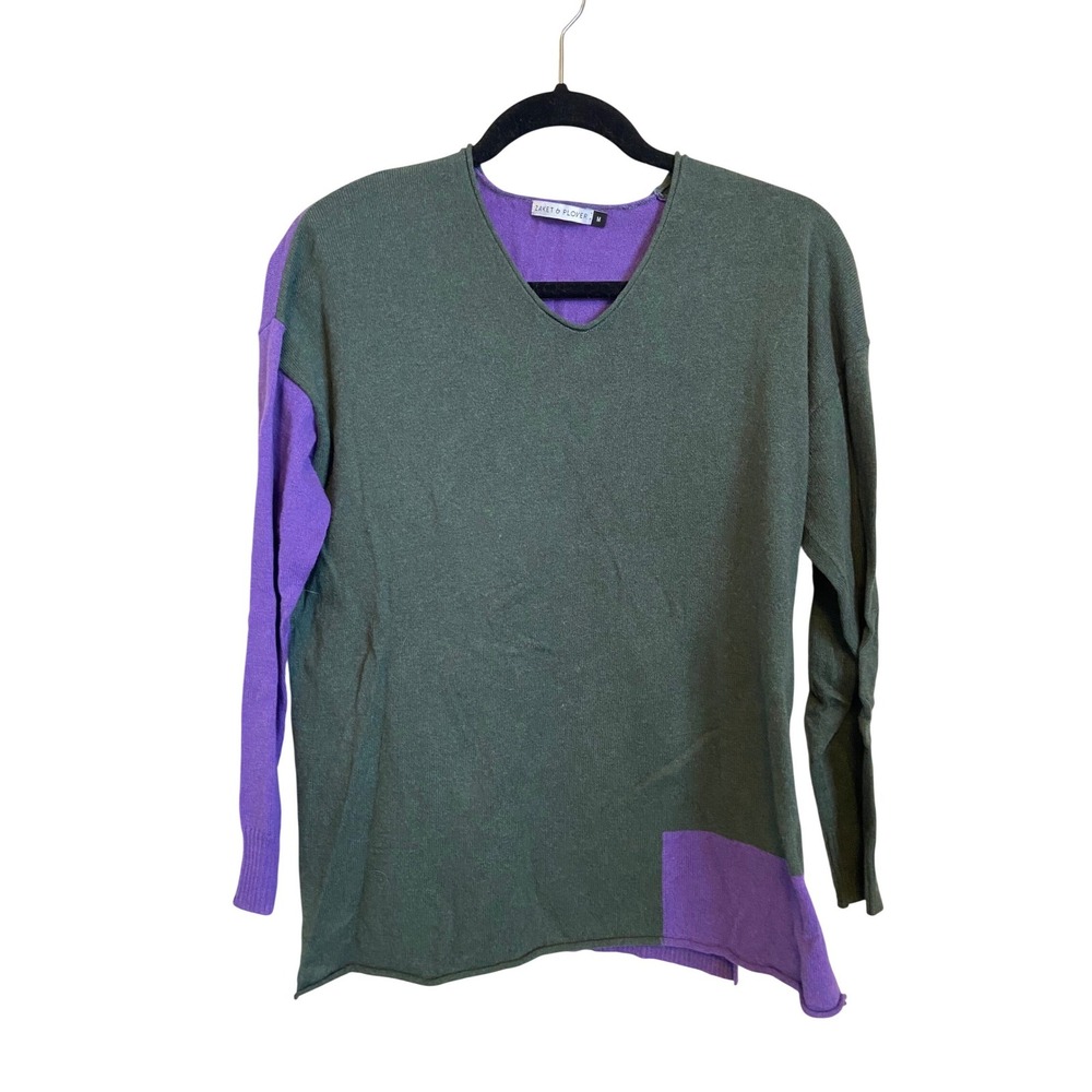 Zaket & Plover Green Purple Colorblock Cotton Cashmere V-Neck‎ Sweater Womens M